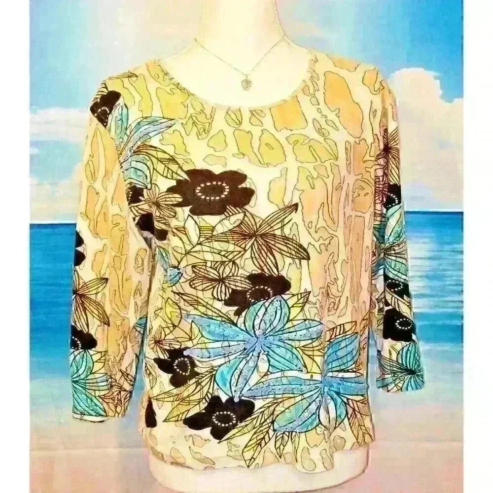 JANE ASHLEY Womans LIGHTWEIGHT Stretch COTTON Shirt Sweater Knit Top Shirt Med